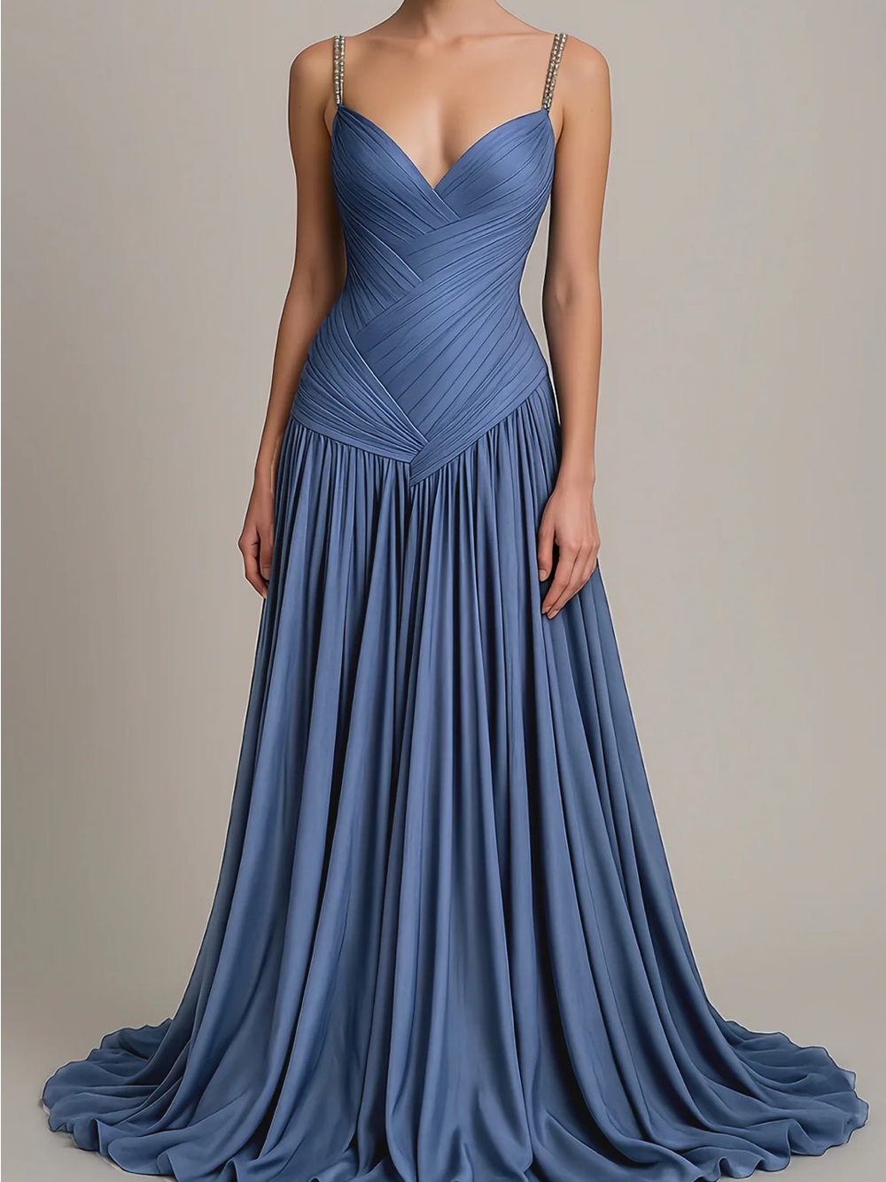 Miss Rosier Angelína Blue Diagonal Pleated Gathered Maxi Gown